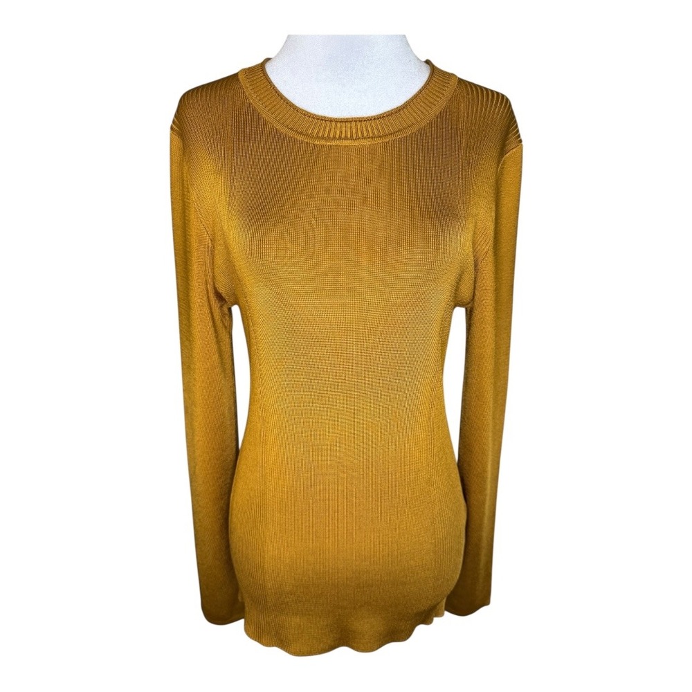 Tahari Crew Neck Knit Sweater Long‎ Sleeve Ribbed Pullover Monarch Gold Medium - Picture 2 of 9